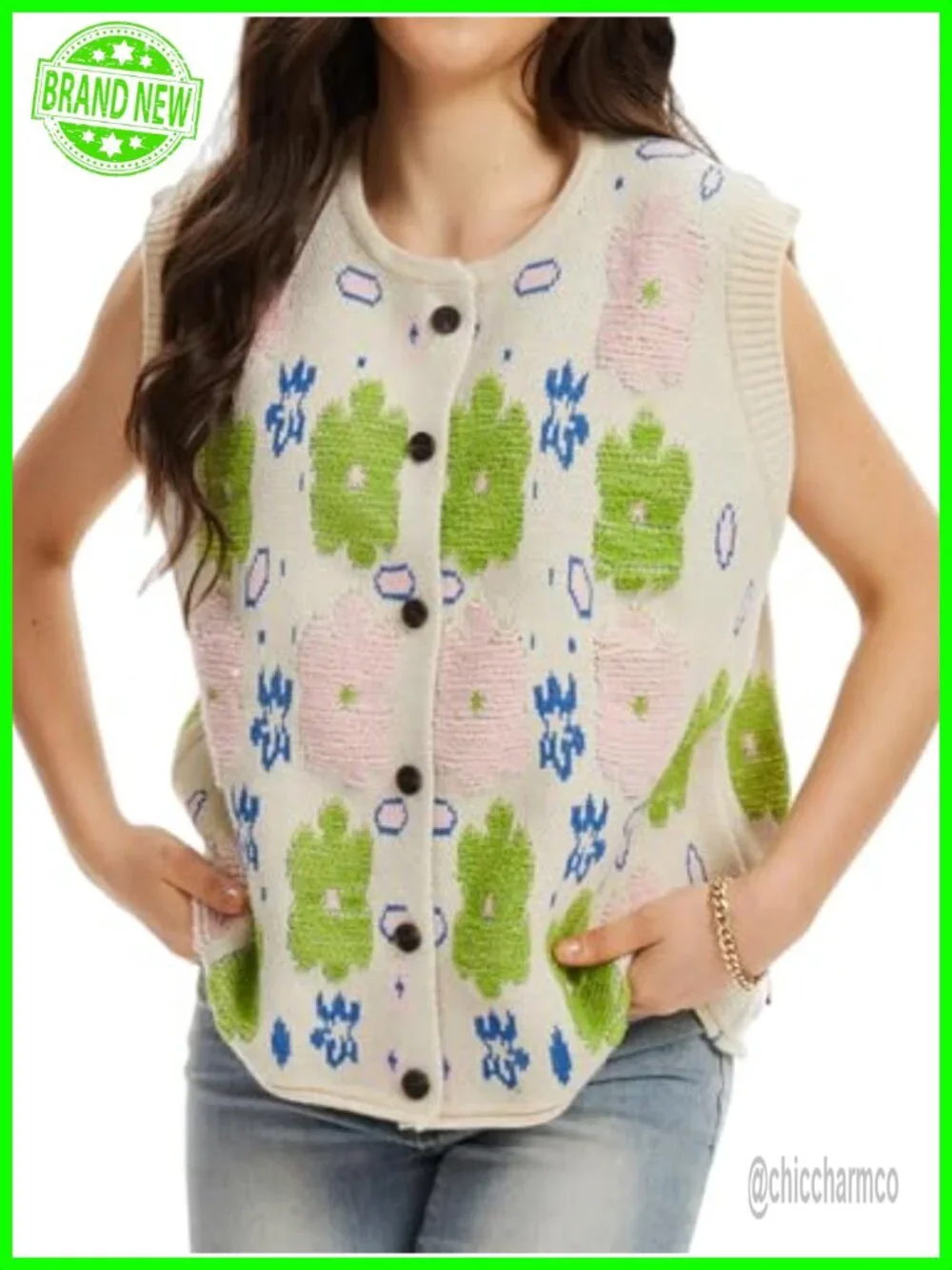 Oversize Floral Knit Sweater Vest Sleeveless Button Down Crewneck Cardigan
